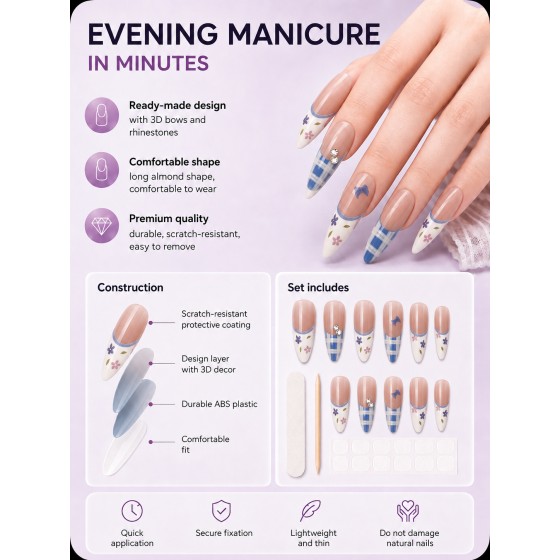 Blue‑Plaid Floral Bow Rhinestone Press‑On Nails, Gentle French Long Stiletto False Nails